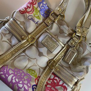 Coach Poppy Daisy Floral Gold Glitter Tote